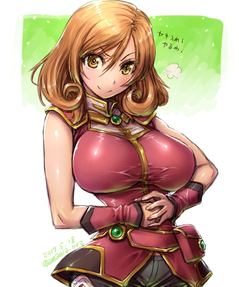 &gt;:) =3 amania_orz belt_pouch big_breasts blush breasts brown_eyes brown_hair closed_mouth cowboy_shot doyagao hair_between_eyes hands_together impossible_clothes impossible_shirt looking_at_viewer remia_zania_valhalevia shiny shiny_clothes shirt skin_tight super_robot_wars super_robot_wars_the_lord_of_elemental translation_request vambraces white_background