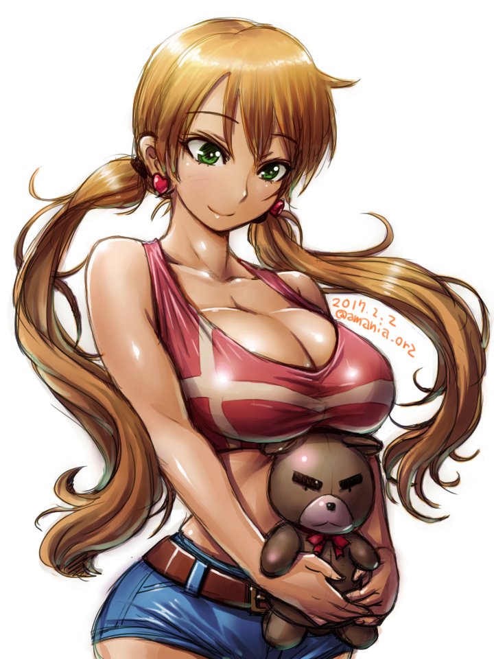 1girl 2017 amania_orz artist_name bare_arms belt big_breasts blonde_hair blush breasts cleavage collarbone dated earrings green_eyes gundam gundam_tekketsu_no_orphans heart heart_earrings holding holding_stuffed_animal jewelry lafter_frankland long_hair looking_down short_shorts shorts simple_background smile stockings stuffed_animal stuffed_toy teddy_bear twin_tails twitter_username white_background