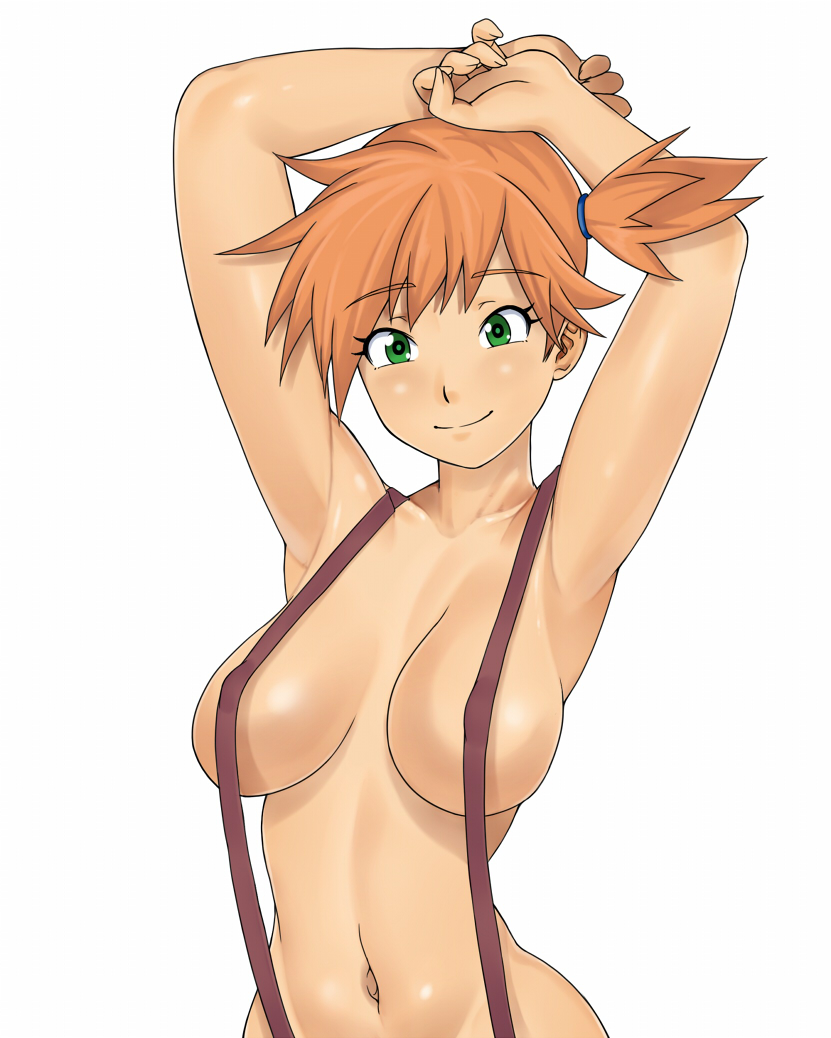 1girl big_breasts breasts convenient_censoring female female_only green_eyes hands_behind_head hips looking_at_viewer misty navel nude orange_hair pokemon smile solo suspenders ttrop