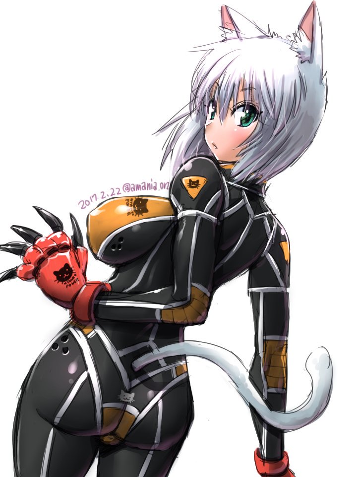 1girl amania_orz animal_ears animal_tail big_breasts blush bodysuit breasts cat_ears cat_tail character_request copyright_request erect_nipples green_eyes looking_at_viewer looking_back shiny shiny_clothes tagme tail white_background white_hair