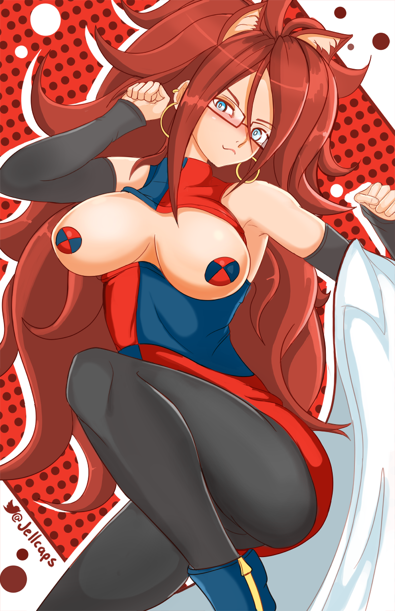 1girl android_21 animal_ears bare_shoulders blue_eyes blush breasts brown_hair cleavage_cutout curly_hair dragon_ball dragon_ball_fighterz earrings elbow_gloves fingerless_gloves glasses jellcaps long_hair looking_at_viewer medium_breasts pantyhose pasties twitter_username