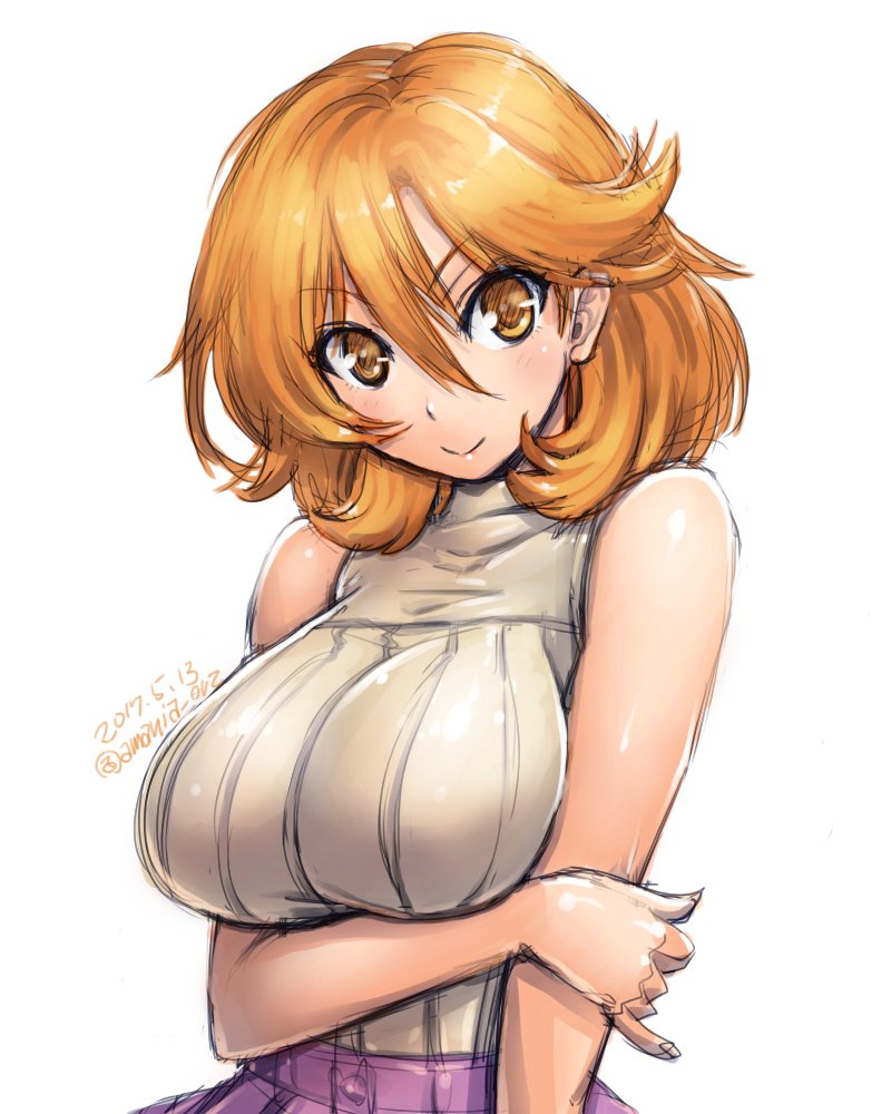 &gt;:) amania_orz bare_arms bare_shoulders big_breasts breast_hold breasts closed_mouth dated hair_between_eyes ishino_mikoto orange_eyes orange_hair ribbed_shirt shirt short_hair sketch sleeveless sleeveless_turtleneck tomica_hyper_rescue_drive_head tomica_hyper_rescue_drive_head:_kidou_kyuukyuu_keisatsu turtleneck twitter_username upper_body