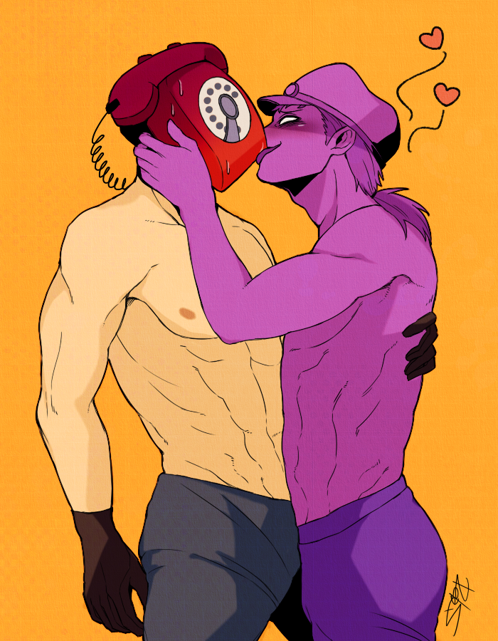 five_nights_at_freddy's kissing phone_guy purple_man_(fnaf) shirtless yaoi