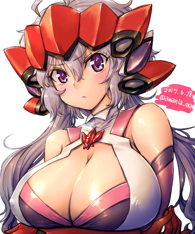 10s 1girl amania_orz bare_shoulders big_breasts blush breast_hold breasts cleavage dated detached_sleeves looking_at_viewer purple_eyes senki_zesshou_symphogear shiny shiny_clothes shiny_skin skindentation twitter_username white_background yukine_chris