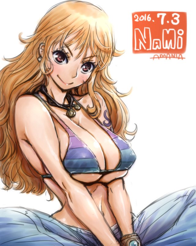 1girl amania_orz big_breasts bikini_top blush breasts brown_eyes cleavage dated long_hair looking_at_viewer midriff nami navel necklace one_piece orange_hair smile tagme tattoo text under_boob white_background
