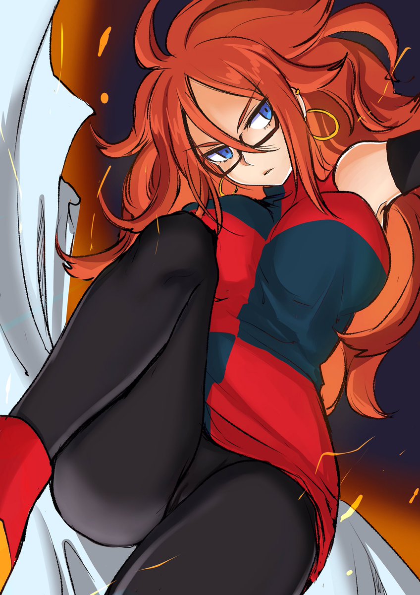 1girl android_21 artist_request blue_eyes detached_sleeves dragon_ball dragon_ball_fighterz dragon_ball_z earrings fully_clothed glasses legwear orange_hair pantyhose