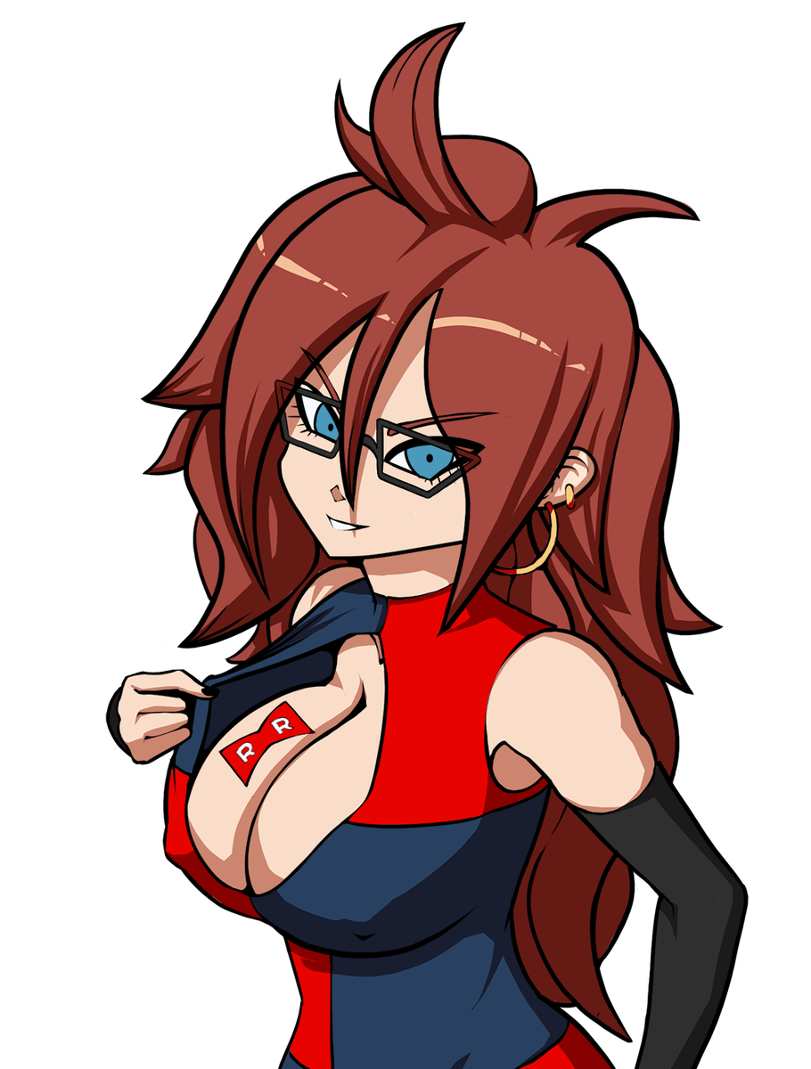 1girl android_21 artist_request bare_shoulders big_breasts blue_eyes breasts brown_hair cleavage cleavage_cutout curly_hair detached_sleeves dragon_ball dragon_ball_fighterz earrings erect_nipples glasses long_hair looking_at_viewer parted_lips simple_background smile upper_body white_background