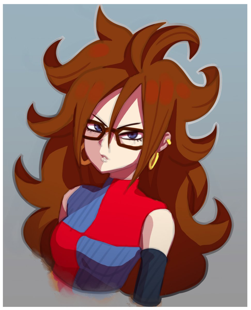 1girl android_21 artist_request brown_hair clothed detached_sleeves dragon_ball dragon_ball_fighterz dragon_ball_z earrings glasses long_hair looking_at_viewer tagme upper_body