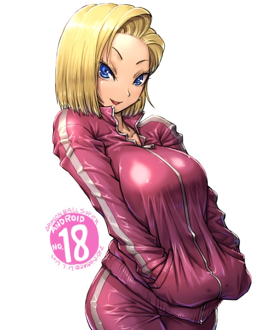 10s 1girl amania_orz android_18 big_breasts blonde_hair blue_eyes breasts character_name collarbone copyright_name dated dragon_ball dragon_ball_super earrings hands_in_pockets jacket jewelry long_sleeves looking_at_viewer pants shiny shiny_clothes short_hair simple_background track_jacket track_pants track_suit twitter_username white_background zipper