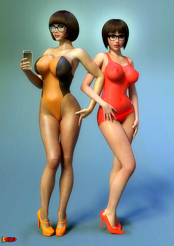 3d big_breasts erect_nipples glasses high_heels scooby-doo sodacan_(artist) swimsuit thighs velma_dinkley