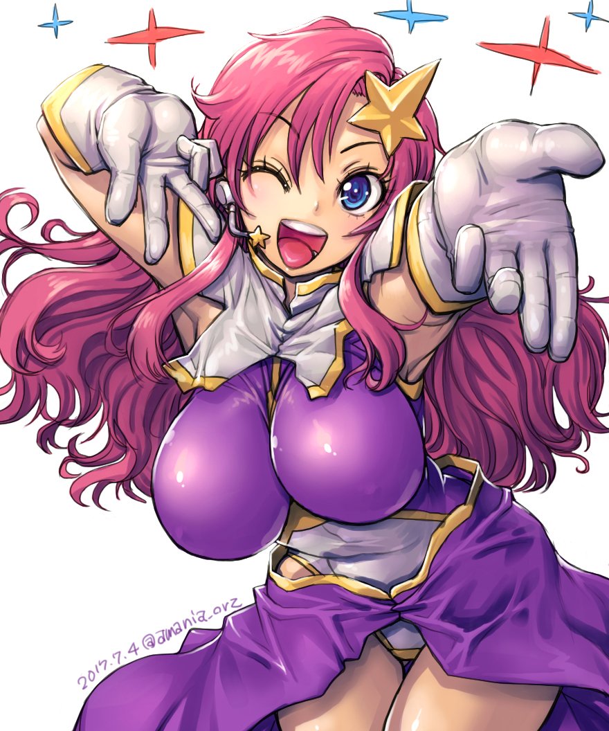 1girl amania_orz big_breasts blue_eyes blush breasts cleavage dated eyebrows_visible_through_hair gloves gundam gundam_seed gundam_seed_destiny hair_ornament headset leotard long_hair looking_at_viewer meer_campbell one_eye_closed open_mouth pink_hair purple_leotard star star_hair_ornament teeth thigh_gap twitter_username white_background white_gloves white_leotard