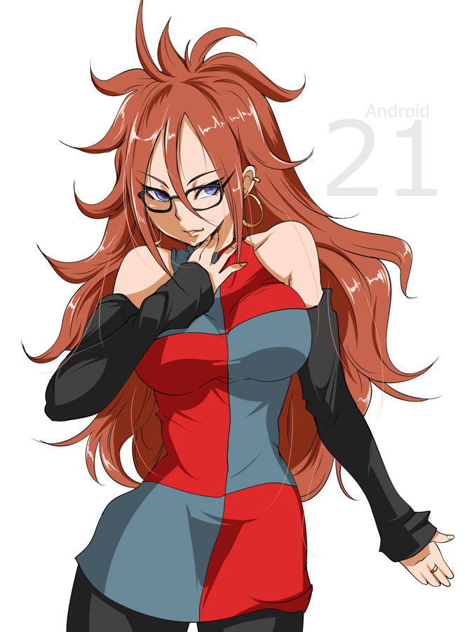 1girl android_21 bare_shoulders black-framed_eyewear blue_eyes breasts brown_hair character_name clothed detached_sleeves dragon_ball dragon_ball_fighterz dress ear_piercing earrings grin hoop_earrings jewelry looking_at_viewer mabahn medium_breasts pantyhose piercing simple_background smile white_background