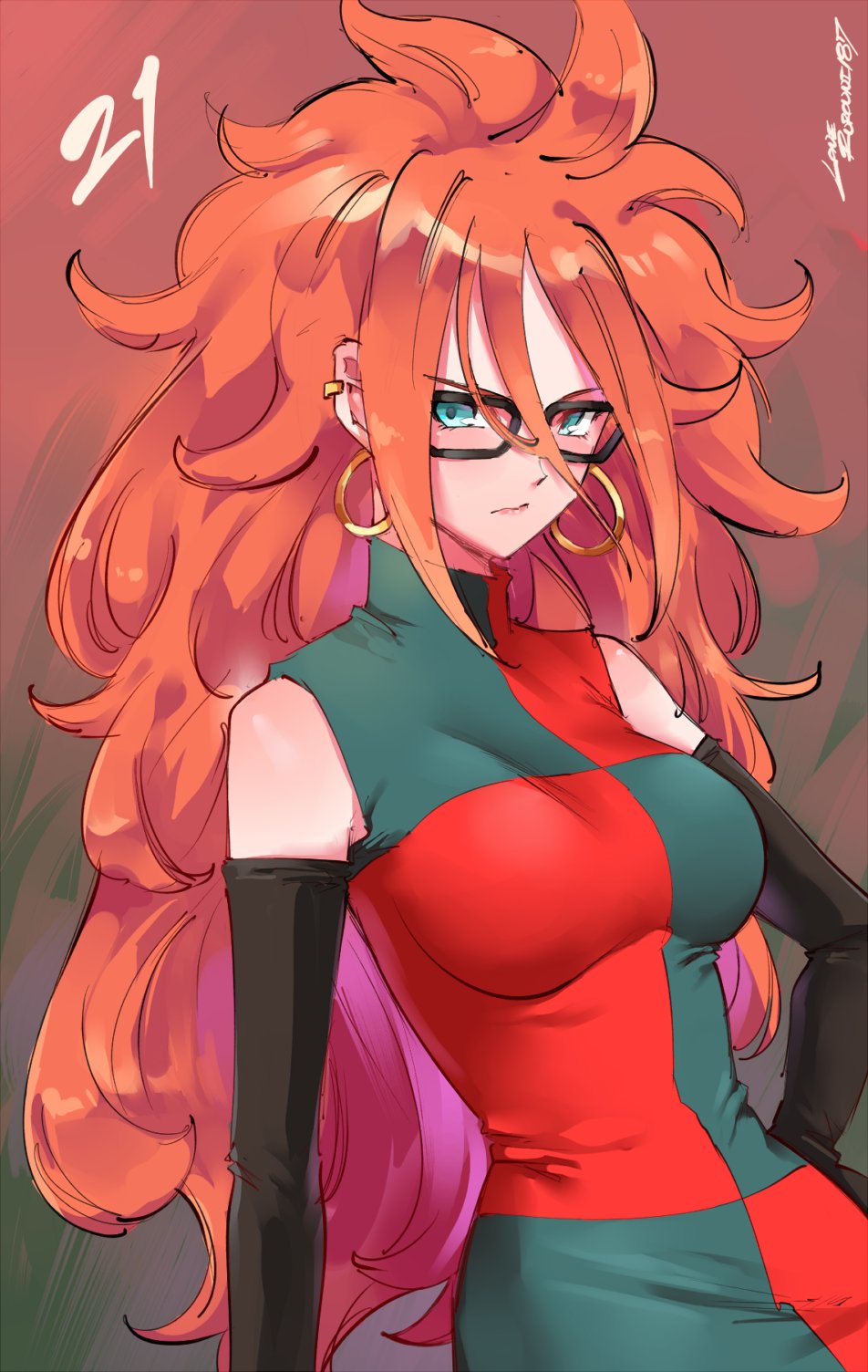 1girl android_21 black-framed_eyewear blue_eyes brown_hair clothed curly_hair detached_sleeves dragon_ball dragon_ball_fighterz earrings green_eyes high_res hoop_earrings jewelry kenshin187 long_hair smile upper_body