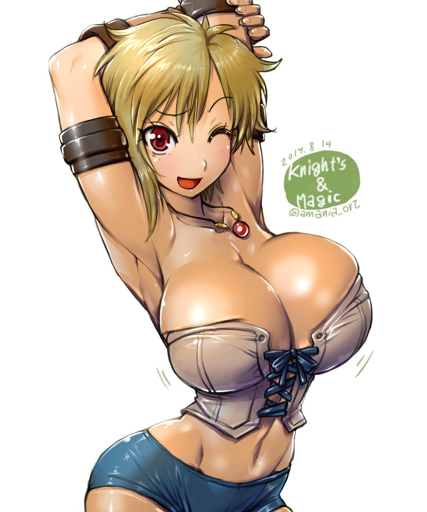 1girl 1girl amania_orz armband armpits arms_up big_breasts blonde_hair breasts bursting_breasts cleavage corset dated helvi_oberg hips huge_breasts jewelry knight's_and_magic looking_at_viewer necklace one_eye_closed open_mouth raised_eyebrow shiny shiny_clothes shiny_skin short_hair short_shorts shorts simple_background skindentation smile thighs twitter_username white_background