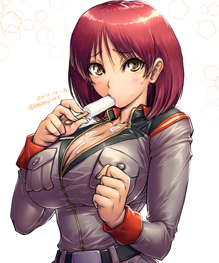 1girl amania_orz belt blush breasts brown_eyes brown_hair cleavage collar eating food gundam gundam_lost_war_chronicles huge_breasts ice_cream looking_at_viewer military military_uniform noel_anderson parted_lips shiny shiny_skin short_hair simple_background sucking sweat teeth uniform white_background