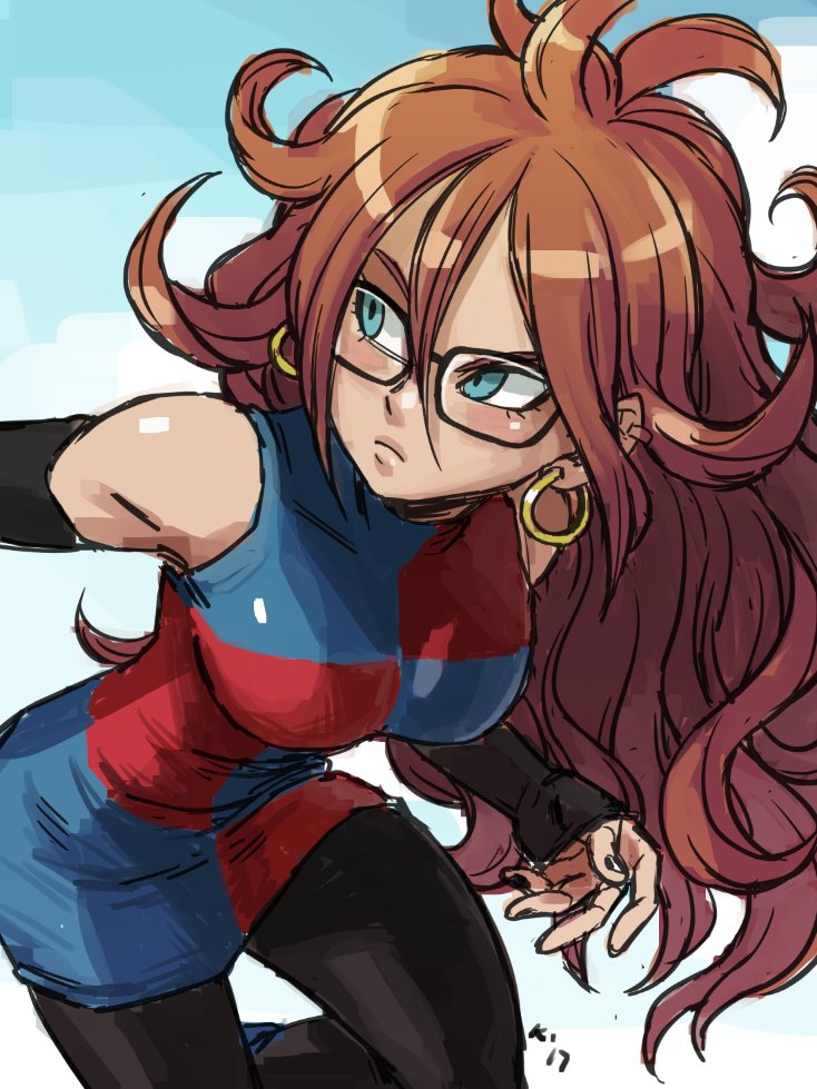 1girl android_21 black-framed_eyewear black_nail_polish blue_eyes breasts brown_hair clothed commentary curly_hair detached_sleeves dragon_ball dragon_ball_fighterz earrings glasses jewelry long_hair mariel_cartwright nail_polish pantyhose