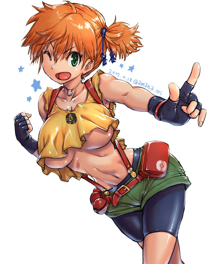 1girl amania_orz big_breasts bike_shorts breasts crop_top crop_top_overhang fingerless_gloves gloves green_eyes index_finger index_finger_raised jewelry looking_at_viewer misty navel necklace no_bra one_eye_closed open_mouth orange_hair pointing poke_ball pokemon seashell shell shiny shiny_clothes shiny_skin short_shorts shorts side_ponytail simple_background skindentation smile stomach suspenders text twitter_username underboob white_background