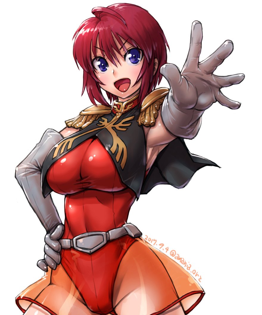 &gt;:d 1girl :d ahoge amania_orz armpits bangs belt big_breasts blue_eyes breasts capelet cowboy_shot dated elbow_gloves epaulettes foreshortening gloves gundam gundam_seed gundam_seed_destiny hand_on_hip highleg highleg_leotard leotard looking_at_viewer lunamaria_hawke military military_uniform open_mouth red_hair red_leotard short_hair smile text twitter_username uniform white_background white_gloves
