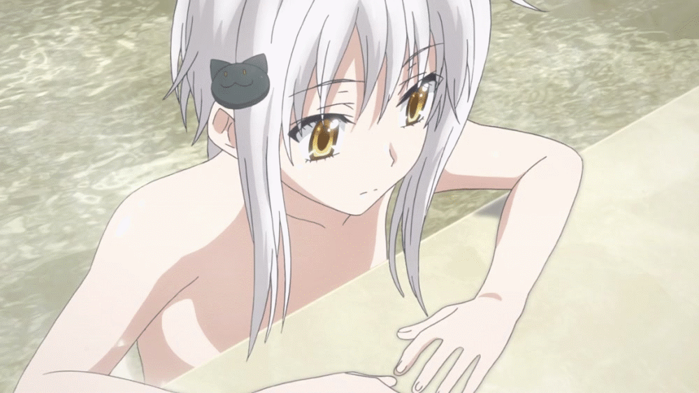 16:9_aspect_ratio 1girl areola bathhouse breasts cat_hair_ornament gif gotou_junji hair_ornament hairclip high_school_dxd high_school_dxd_born indoors large_filesize navel nipples nude partially_submerged screen_capture short_hair_with_long_locks small_breasts standing tnk_(company) toujou_koneko water white_hair yellow_eyes