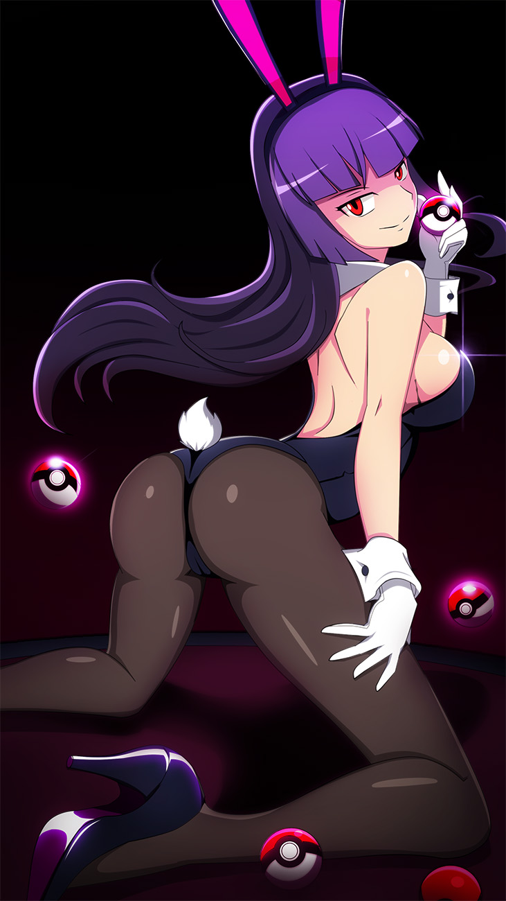 1_girl 1girl alluring animal_ears ass bare_shoulders big_breasts black_legwear breasts bunny_ears bunny_tail bunnysuit clothed creatures_(company) detached_collar female female_human female_only game_freak gloves gym_leader high_heels high_res human kneel leotard long_hair looking_at_viewer looking_back natsume_(pokemon) nintendo pantyhose playboy_bunny poke_ball pokeballs pokemon pokemon_(game) pokemon_rgby purple_hair rabbit_girl red_eyes sabrina sabrina_(pokemon) shiny shiny_skin sideboob simple_background sitting solo solo_female tail vivivoovoo white_gloves wrist_cuffs