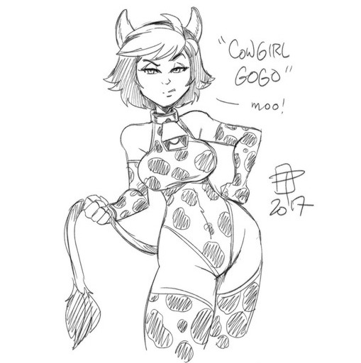 1girl 2017 asian bell big_hero_6 breasts callmepo cow_bell cow_costume cow_horns cow_print cow_tail disney gogo_tomago leotard marvel monochrome non-nude pinupsushi sexy stockings tail white_background wide_hips