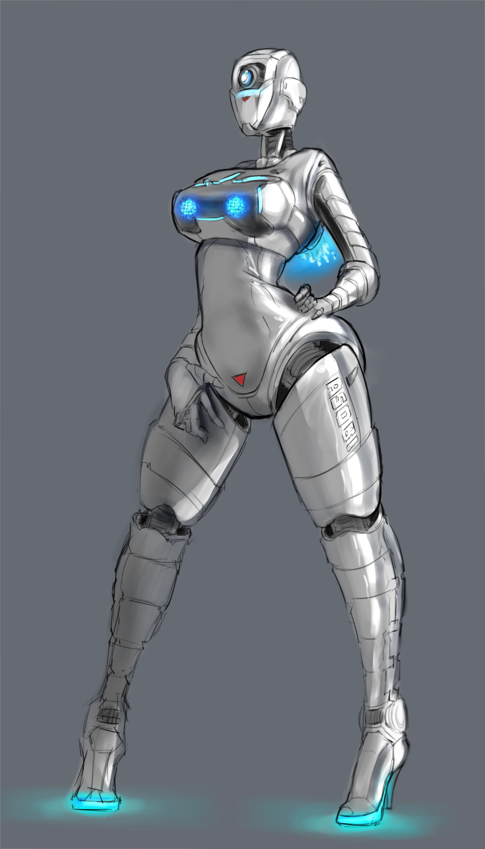 1girl character_request cutesexyrobutts hand_on_hip high_heels robot simple_background source_request standing tagme