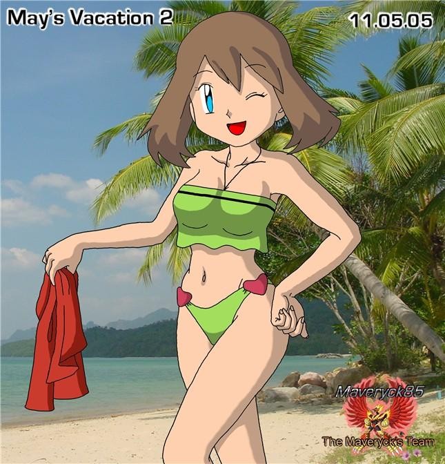 1_girl 1girl 2005 alluring beach bikini blue_eyes female female_human female_only green_bikini haruka_(pokemon) human kageta looking_at_viewer may may_(pokemon) mostly_nude one_eye_closed outdoor outside pokemon pokemon_(anime) solo zage_inc