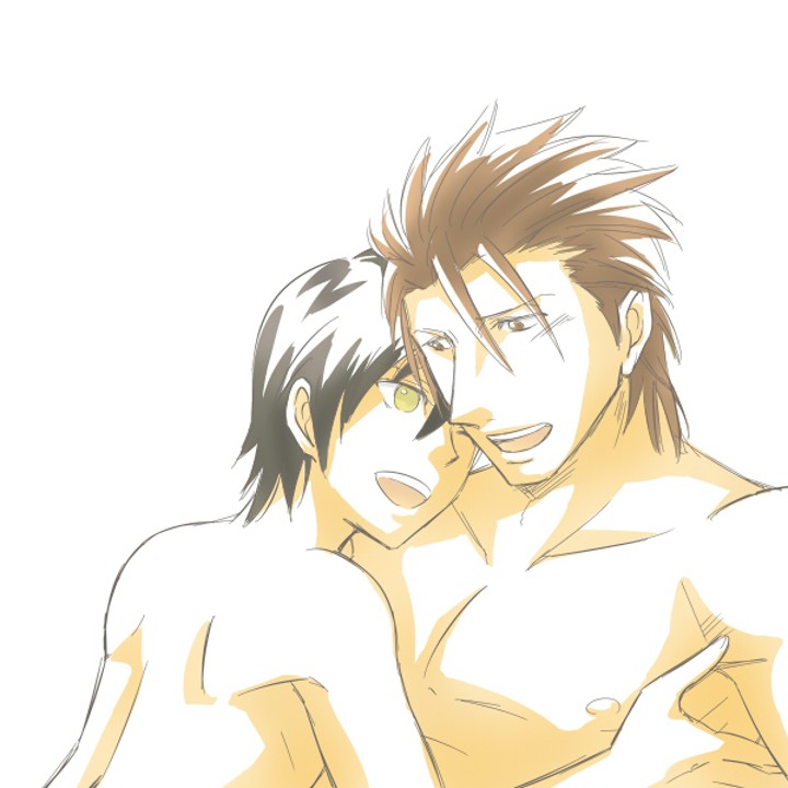2boys alvin_(tales) bara bare_arms bare_shoulders black_hair brown_hair couple holding_close hugging human jude_mathis kayu_(ichigogayu) leaning_back leaning_forward looking_at_another male_only multiple_boys muscle nipples nude open_mouth smile tales_of_(series) tales_of_xillia wink yaoi yellow_eyes