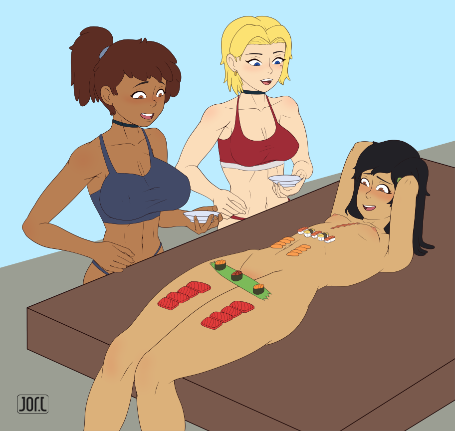 3girls aged_up amphibia amphibia_(finale) anne_boonchuy artist_name artist_signature asian asian_female big_breasts blush bra breasts choker clothing dark_skin different_breast_sizes disney disney_channel fair_skin female female_focus female_only food food_on_body friends jorl large_breasts light_skin long_hair lying lying_on_back lying_on_table marcy_wu nipples nude nude_female_clothed_female nyotaimori panties ponytail sasha_waybright sashimi scar short_hair slavic small_breasts sports_bra sushi table tagme taiwanese thai trio trio_focus