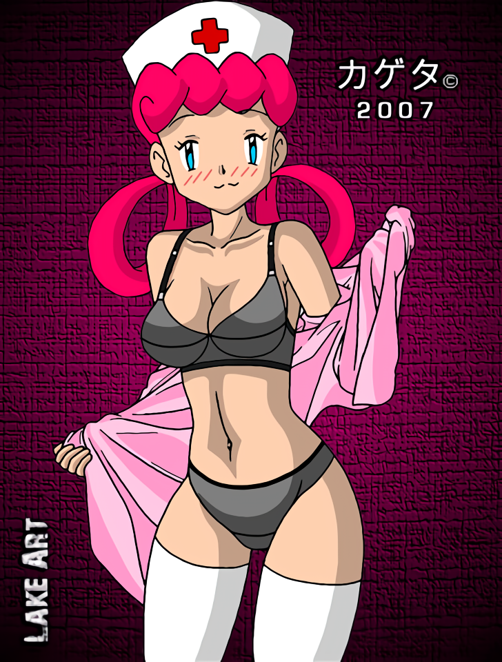 1_girl 1girl 2007 alluring blue_eyes bra female female_human female_only hair_rings hot human joy_(pokemon) kageta looking_at_viewer mostly_nude nurse_cap nurse_joy panties pink_hair pokemon pokemon_(anime) sexy solo standing stockings underwear undressing white_stockings zage_inc