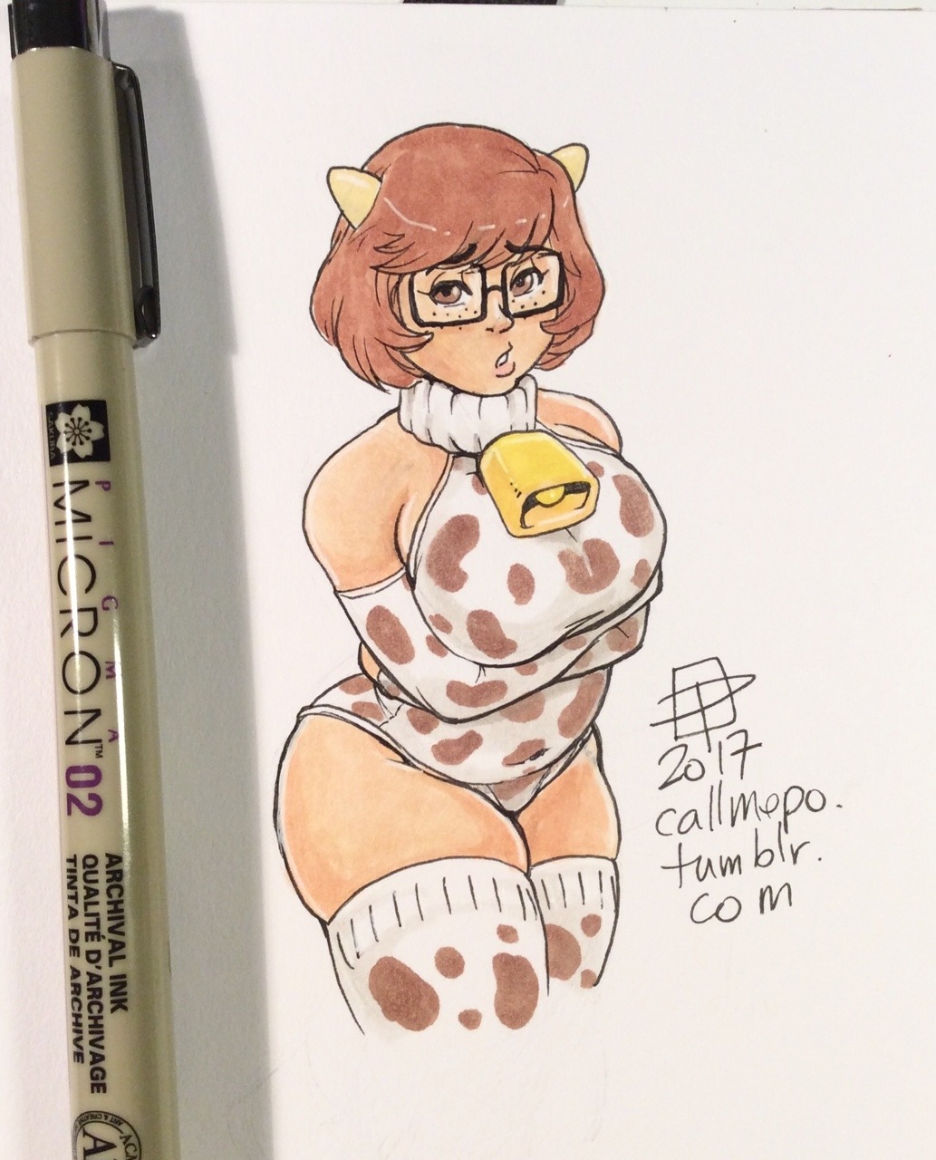 1girl 2017 bell callmepo cow_bell cow_costume cow_horns cow_print pinupsushi scooby-doo velma_dinkley