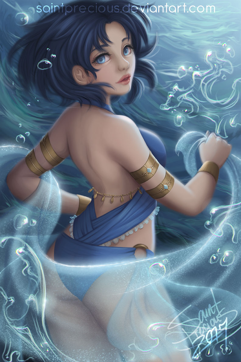 1_girl 1girl ami_mizuno ass belly_dancer bishoujo_senshi_sailor_moon blue_eyes blue_hair dancer_outfit female female_only looking_at_viewer mizuno_ami mostly_nude panties sailor_mercury sailor_moon short_hair solo