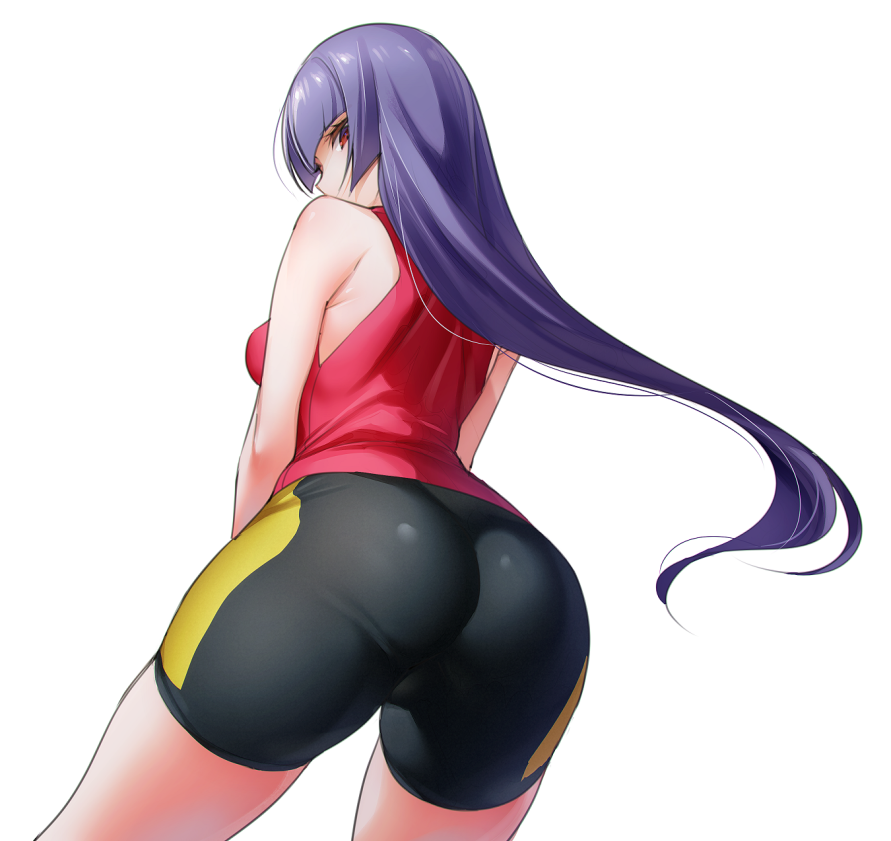 1_girl 1girl alluring ass bare_shoulders big_ass bike_shorts breasts clothed cosplay female female_human female_only hizuki_akira human human_only long_hair looking_at_viewer looking_back natsume_(pokemon) nintendo pokemon pokemon_gsc pokemon_rgby purple_hair red_eyes sabrina sabrina_(pokemon) shirt shorts solo solo_female source_request thick_thighs thigh_gap white_background wide_hips