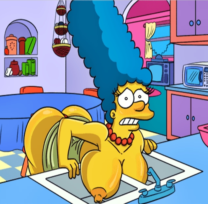 1girl ass bent_over big_ass blue_hair breasts chair dress exposed_breasts eyebrows eyelashes female female_only huge_breasts human jewelry kitchen kogeikun marge_simpson microwave milf mother necklace nipples panties partially_clothed sink table teeth television the_simpsons thong tv underwear whoa_look_at_those_magumbos yellow_skin