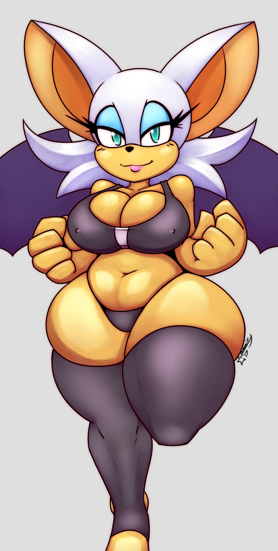 1girl 2017 anthro bat big_ears black_nose blue_eyes blush bra breasts cleavage clothed clothing eyelashes eyeshadow female female_only fur furry hair half-closed_eyes highres huge_breasts large_breasts legwear lips lipstick makeup mammal midriff multicolored_fur navel nipple_bulge nosmir_(artist) one_leg_up overweight panties pinup pose rouge_the_bat sega signature simple_background slightly_chubby smile socks sports_bra standing stockings tan_fur teal_eyes thick_thighs thighhighs tight_clothing two_tone_fur underwear video_games voluptuous white_background white_fur wings