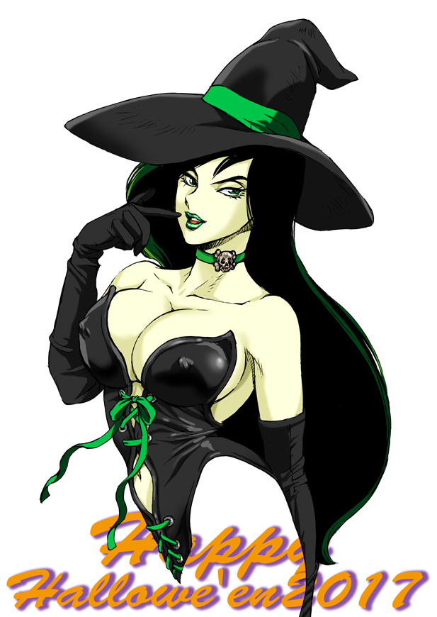 1girl 2017 black_hair breasts cleavage disney gloves green_eyes green_hair green_lipstick halloween hat kim_possible long_hair shego skull white_background witch witch_hat