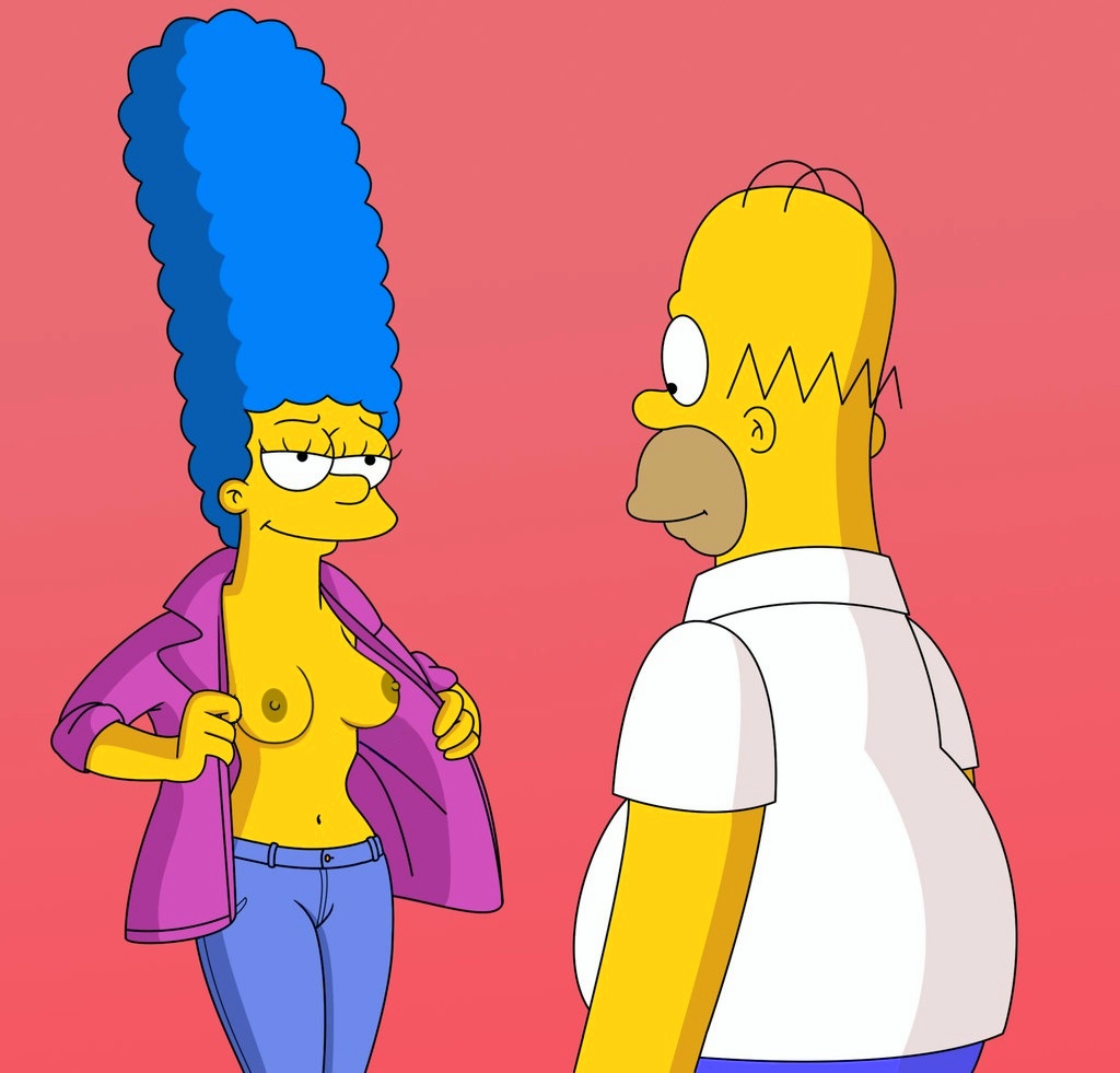 breasts flashing homer_simpson jeans marge_simpson nipples smile the_simpsons