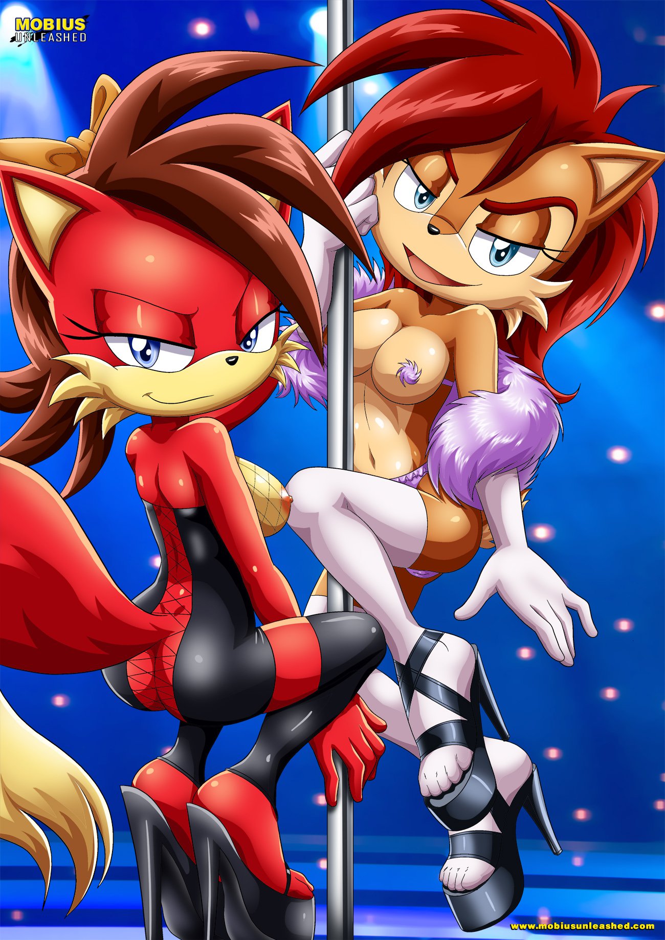 alicia_acorn archie_comics bbmbbf big_breasts erect_nipples feet fiona_fox high_heels latex looking_at_viewer mobius_unleashed palcomix pole_dancing sega sonic_(series) sonic_the_hedgehog_(series) stripper