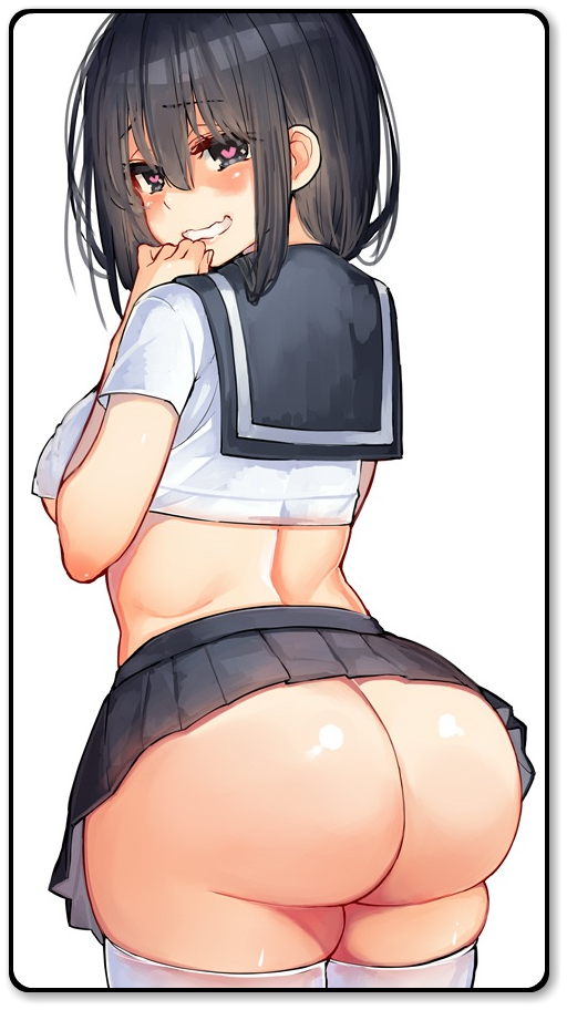 1girl ass beige_skin big_breasts black_hair color half-closed_eyes heart heart-shaped_pupils heart_(symbol) human large_ass light-skinned_female long_hair sailor_outfit school_uniform solo_female symbol-shaped_pupils uncensored