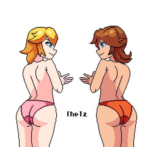 2_girls 2girls ass ass_shake ass_to_ass blonde_hair brown_hair butt_bump female female_only gif looking_at_each_other mostly_nude panties princess_daisy princess_peach super_mario_bros. thetz topless transparent_background