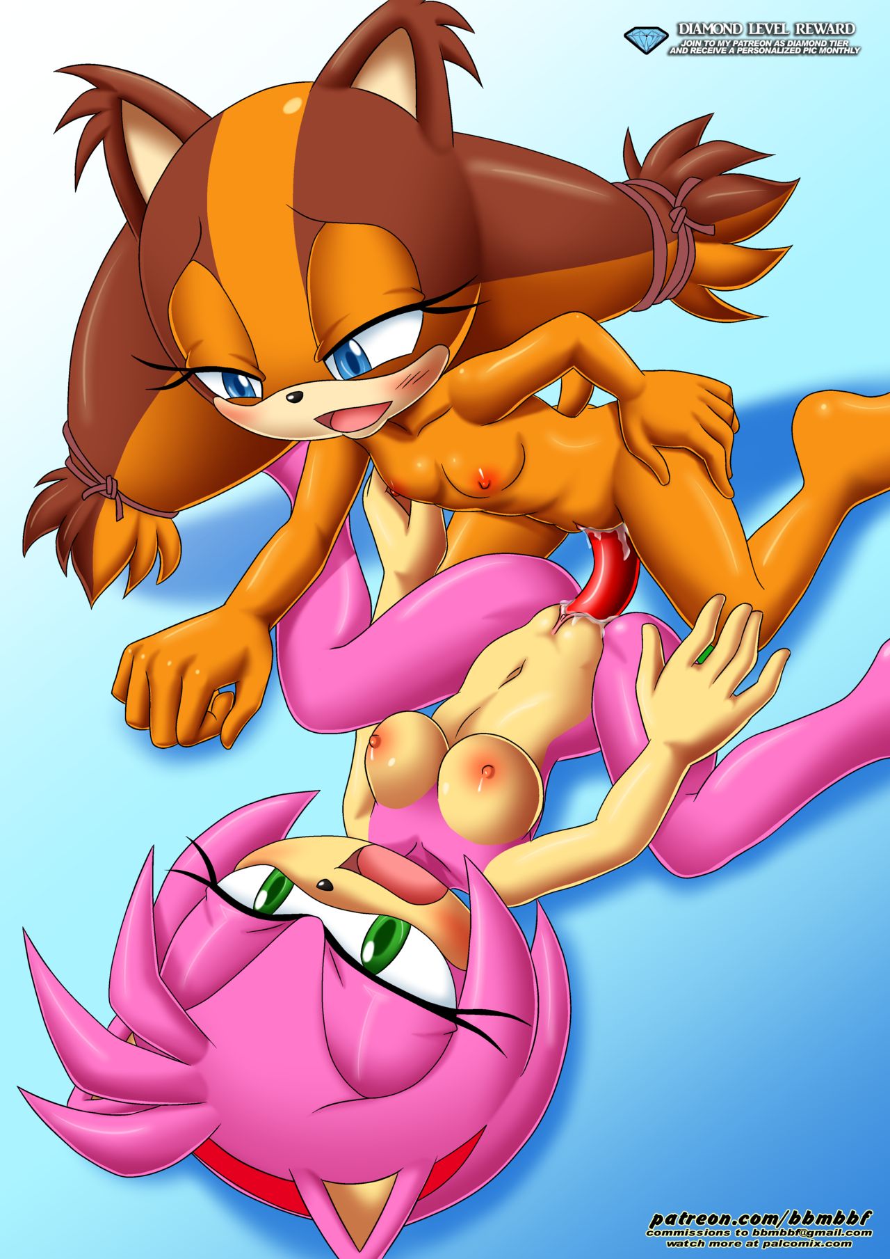 2017 2_girls amy_rose barefoot bbmbbf breasts erect_nipples large_breasts mobius_unleashed multiple_girls palcomix pietro's_secret_club sega semen sex_toy soles sonic_(series) sonic_boom sonic_the_hedgehog_(series) sticks_the_jungle_badger yuri