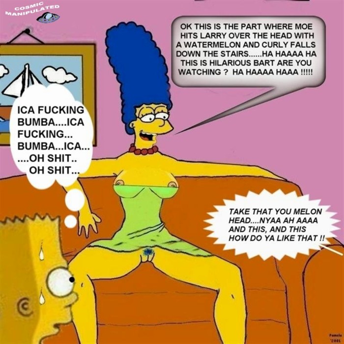 bart_simpson blue_hair blue_pubic_hair breasts cosmic_(artist) english_text marge_simpson no_panties pubic_hair scream_bubble sitting speech_bubble spread_legs text the_simpsons thought_bubble yellow_skin