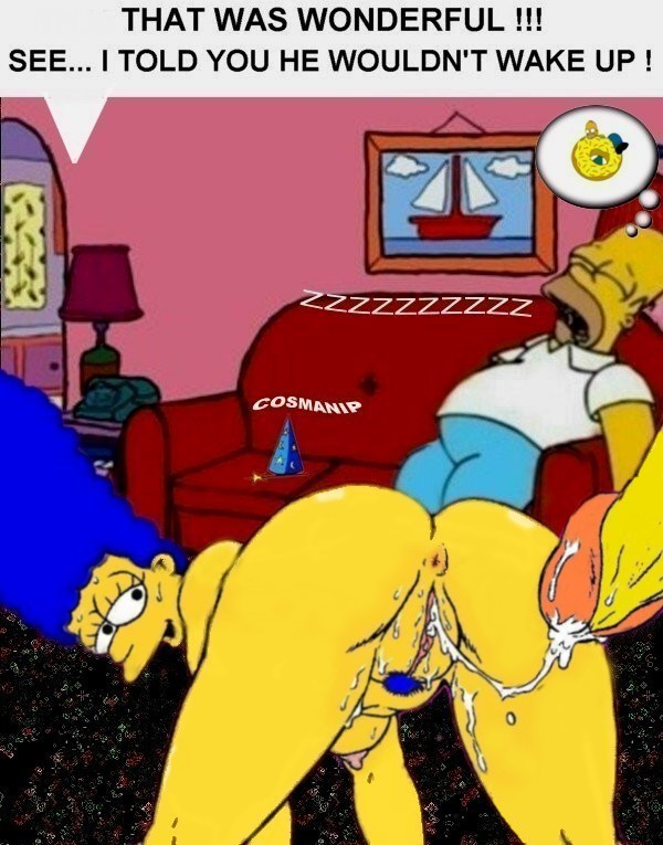 1girl after_sex all_fours anus blue_hair blue_pubic_hair closed_eyes cosmic_(artist) cum cum_in_orifice cum_in_pussy cum_on_body cum_on_penis cum_trail eyelashes female half-closed_eyes homer_simpson indoors lamp marge_simpson nude penis pubic_hair pussy sitting sleeping sofa stealth_sex the_simpsons thought_bubble yellow_skin zzz