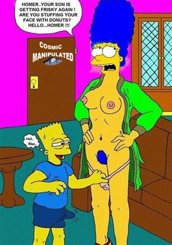 areolae artist_name bart_simpson blue_hair blue_pubic_hair blue_shirt breasts cosmic_(artist) english_text erection erection_under_clothes marge_simpson nipples panty_pull pubic_hair shirt speech_bubble text the_simpsons thought_bubble yellow_skin