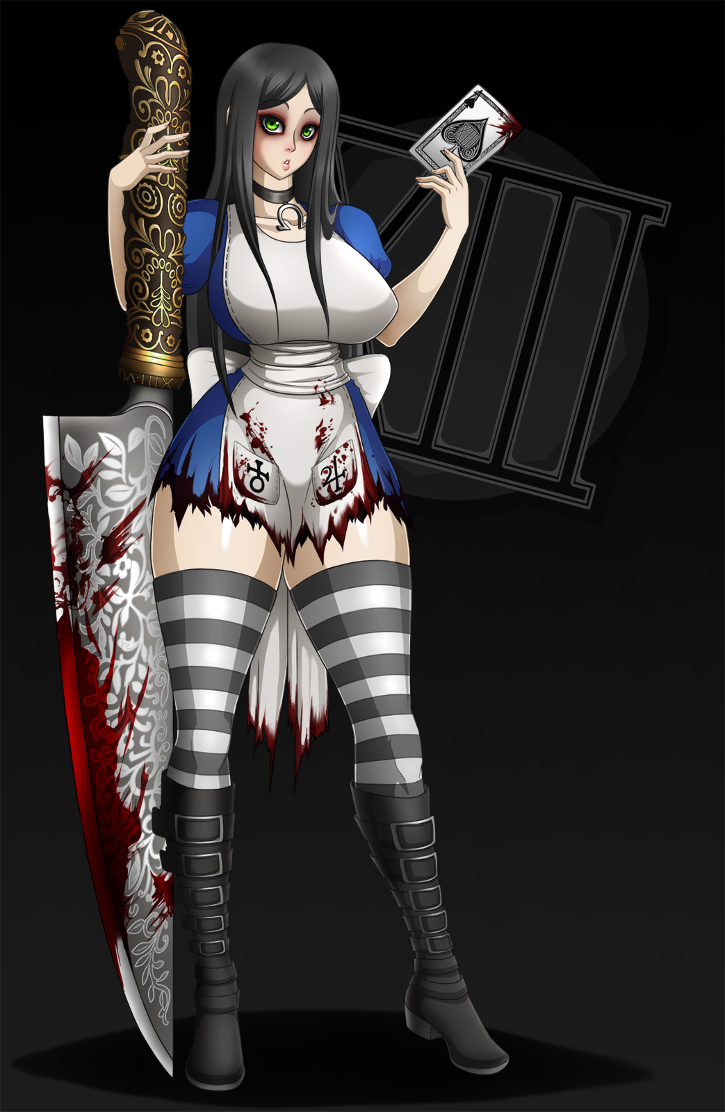 alice:_madness_returns alice_in_wonderland alice_liddell american_mcgee's_alice big_breasts black_hair breasts card female green_eyes knife playing_card solo vorpal_blade waifuholic weapon