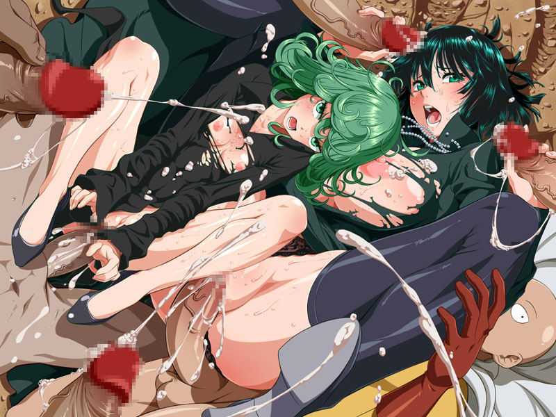 2girls areola bald big_breasts black_hair black_panties blush bottomless breasts breasts_outside censored cum cum_string double_handjob ejaculation erection exposed_breasts eyebrows fubuki_(one-punch_man) green_hair group_sex handjob huge_breasts lolita_channel looking_at_viewer mosaic_censoring multiple_girls multiple_penises nipples one-punch_man orgy panties panties_aside penis rape saitama sex siblings sisters small_breasts spread_legs stockings sweat tatsumaki torn_clothes torn_dress vaginal
