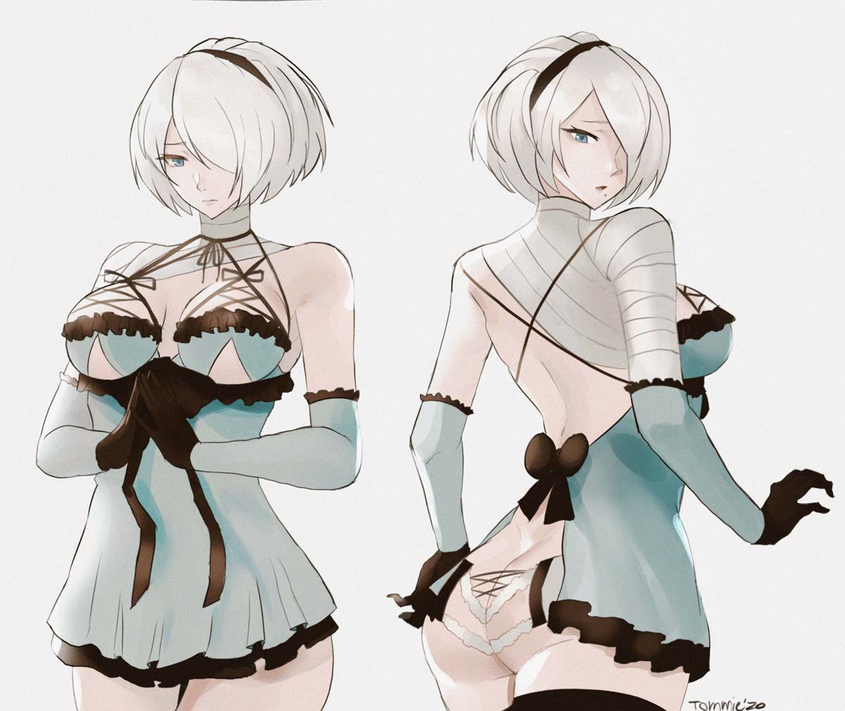 1girl :o alluring ass bandaged_arm bandages black_gloves black_headband blue_eyes blue_gloves breasts cosplay eyebrows gloves headband kaine_(nier)_(cosplay) medium_breasts mole mole_under_mouth nier:_automata nier_(series) own_hands_together revealing_clothes simple_background tommy_(kingdukeee) trait_connection two-tone_gloves white_background yorha_no._2_type_b