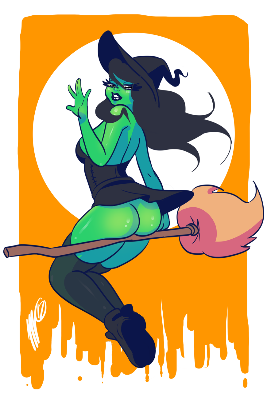 1girl 2017 black_hair blue_eyes boots broom broomstick bubble_butt dress dress_lift flying gloves going_commando green_skin halloween hat long_hair no_panties shiny shiny_skin witch witch_hat