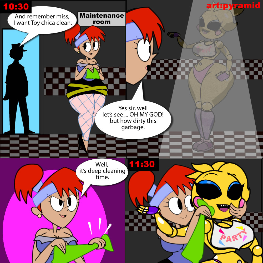 2_girls animatronic breasts cleaning_lady comic dexter's_laboratory dexter's_mom dialogue fat_ass five_nights_at_freddy's_2 pyramid_(artist) security_guard touching_body toy_chica toy_chica_(eroticphobia) younger_female yuri