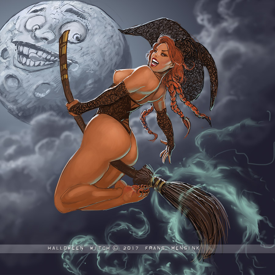 1_girl 1girl 2017 ass breasts broom broomstick female female_only fingerless_gloves flying frans_mensink freckles full_moon gloves halloween hat lipstick long_hair looking_back moon nipples orange_hair sexy smile solo topless twin_tails witch witch_hat